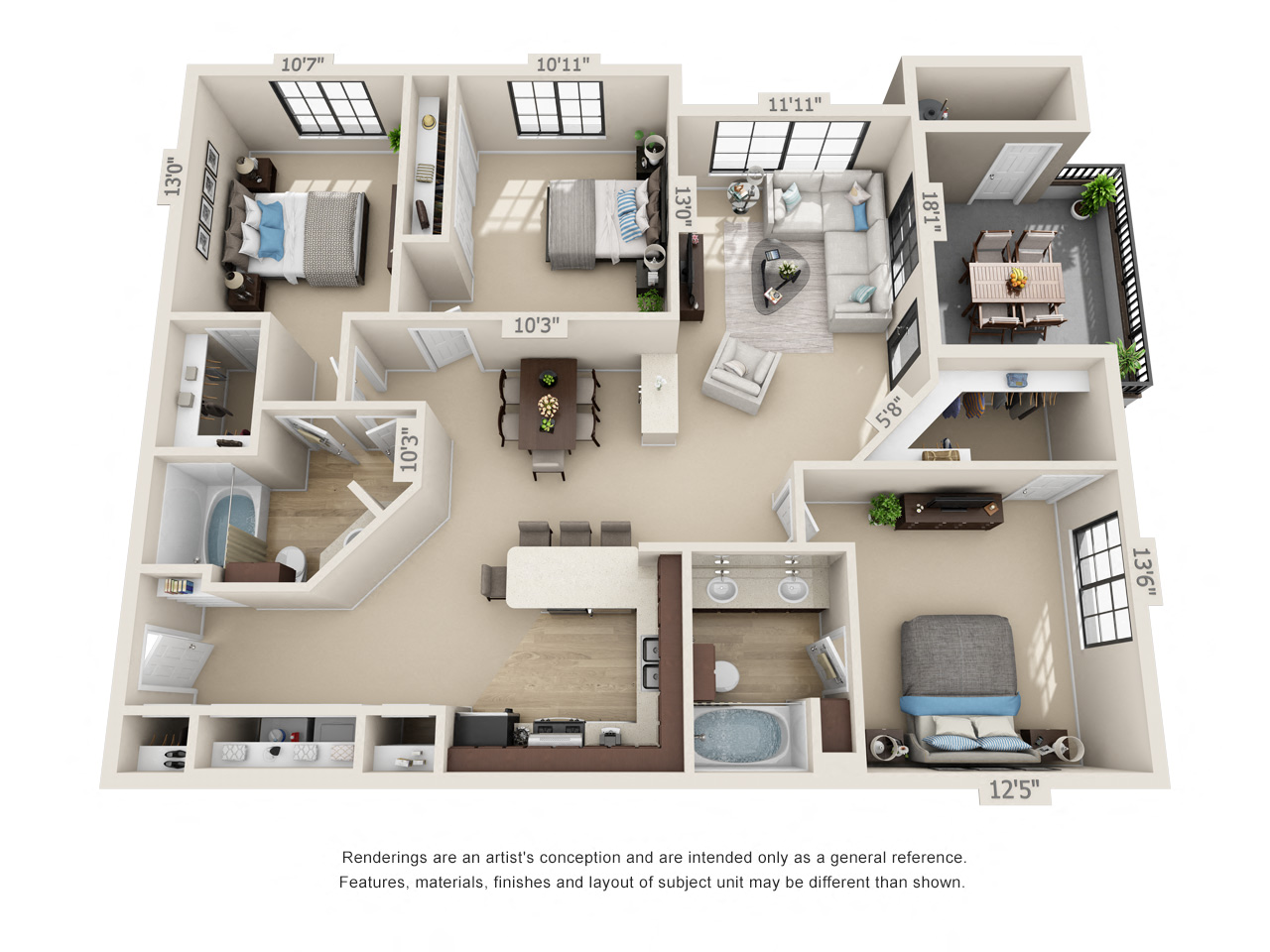 Floor plan for 3 beds, 2 baths, 1450 sqft